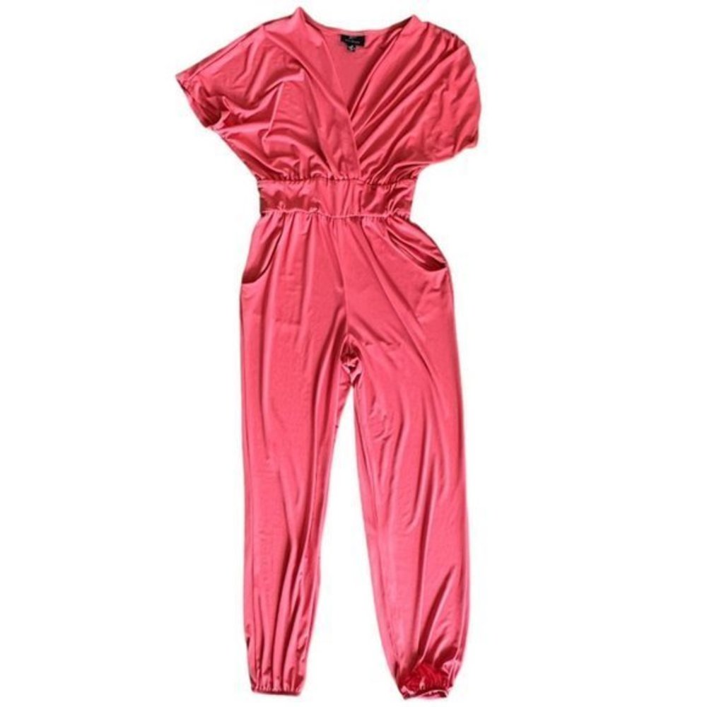 Lemmie for Nina Leonard Bright Pink Cap Sleeve V Neck Jumpsuit Womens‎ M
